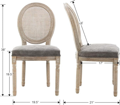 Farmhouse Leather Dining Room Chairs Set of 4 French Dining Chairs with Round Rattan Back French Bistro Chairs for Dining Room/Living Room/Kitchen/Restaurant, Grey