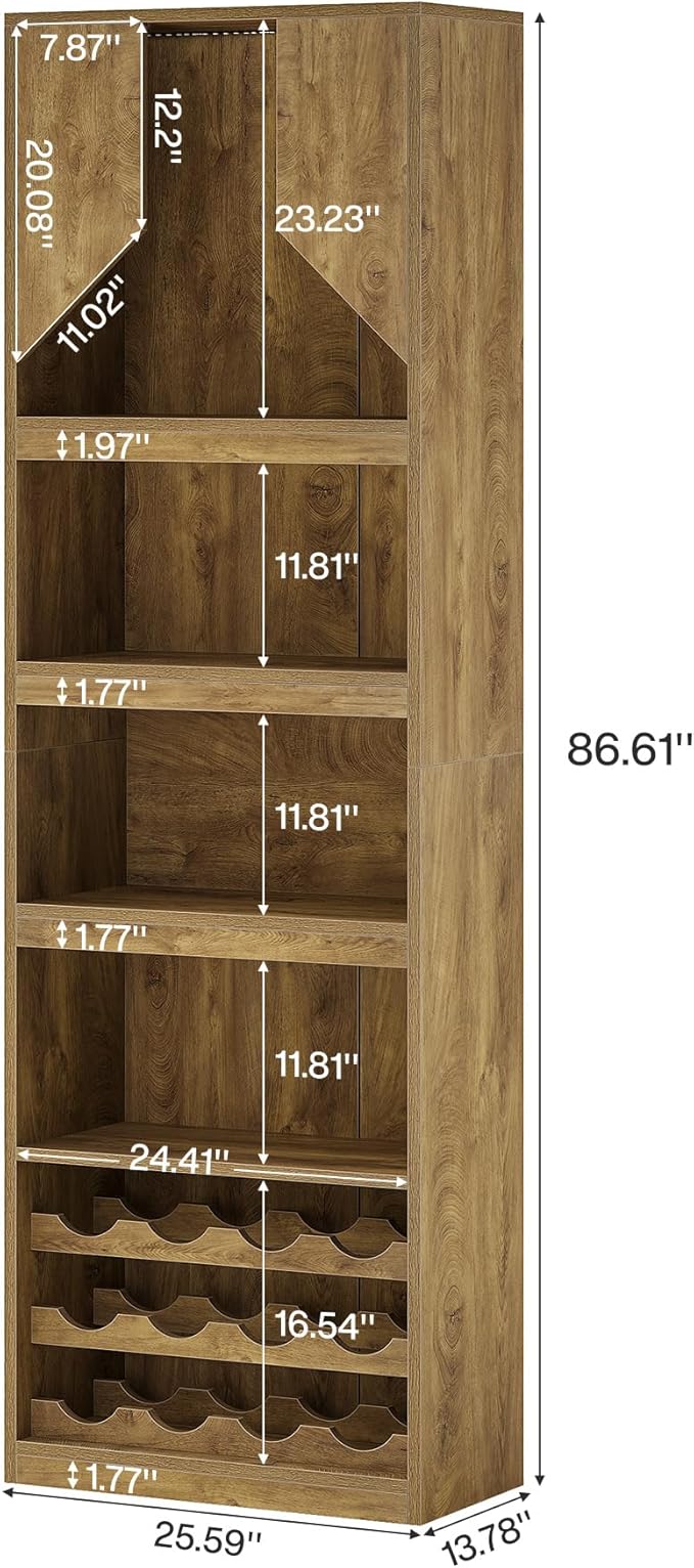 Tribesigns 86.6" Tall Wine Bar Cabinet with Stripe Light, Farmhouse Home Bar Liquor Cabinet with Wine Racks and Open Shelves for Kitchen Dining Living Room