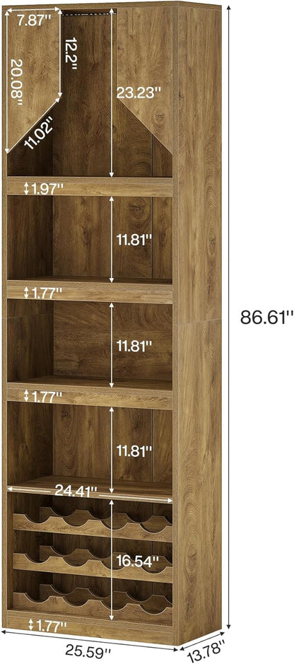 Tribesigns 86.6" Tall Wine Bar Cabinet with Stripe Light, Farmhouse Home Bar Liquor Cabinet with Wine Racks and Open Shelves for Kitchen Dining Living Room