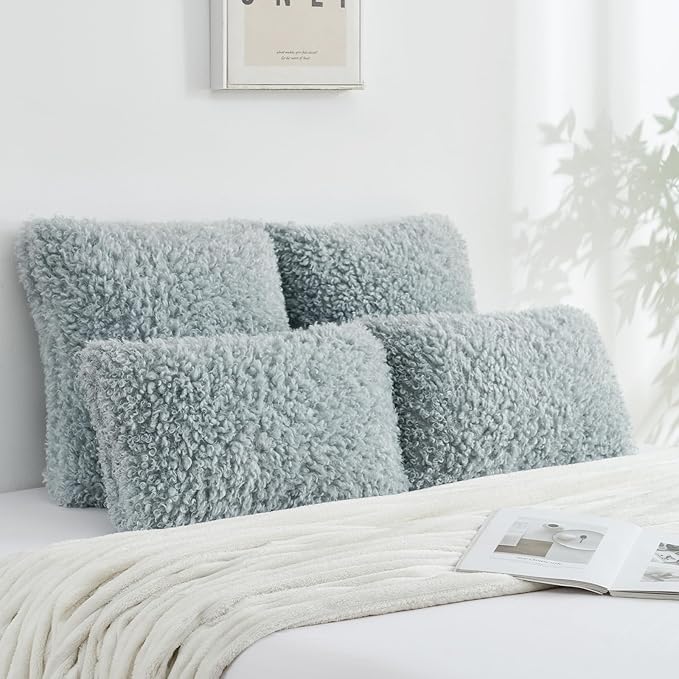 FUTEI Light Blue Decorative Throw Pillow Covers 18x18 Inch Set of 2,Soft Fluffy Faux Wool Fur Boucle Textured Cushion Case,Modern Home Decor for Couch Bed Living Room Office