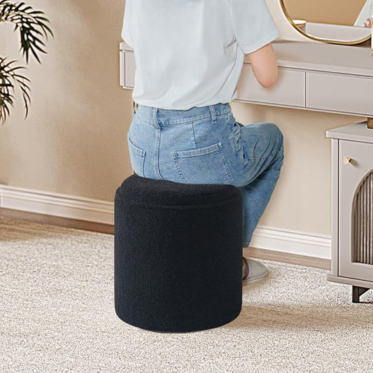 PINPLUS Storage Ottoman Round Boucle Ottoman with Tray, Teddy Velvet Footstool Cube for Living Room, Bedroom, Dorm 13.4"x13.4"x15" (Black)