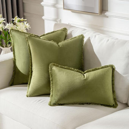 FUTEI Sage Green Velvet Decorative Throw Pillow Covers 16x16 Set of 2,Soft Cozy Edge with Tassels Cushion Case,Boho Modern Home Decor for Couch Bed Living Room