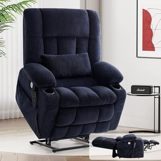 Power Lift Recliner Chair for Adults Oversized Infinite Position Lift Chair for Elderly W/Massage & Heat, Lay Flat Recliner Chair, One-Touch Reset, Cup Holders, Lumbar Pillow, Fabric (Premium, Navy)