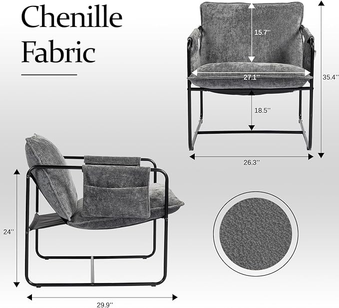 Modern Accent Chair Set of 2 Comfortable Living Room Chairs with Armrests, Bedroom Reading Chair, Chenille Upholstered Lounge Metal Chair
