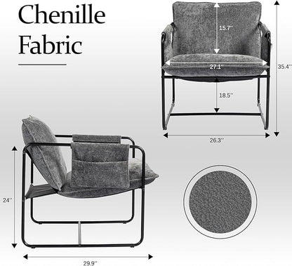 Modern Accent Chair Set of 2 Comfortable Living Room Chairs with Armrests, Bedroom Reading Chair, Chenille Upholstered Lounge Metal Chair