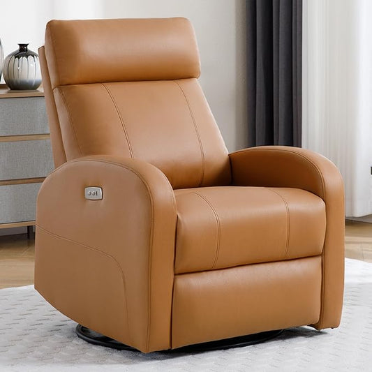 Power Recliner, Faux Leather Swivel Rocker Recliner Chair with USB Port, Electric Swivel Rocking Reclining Chair Glider Recliner for Adults Living Room, Brown