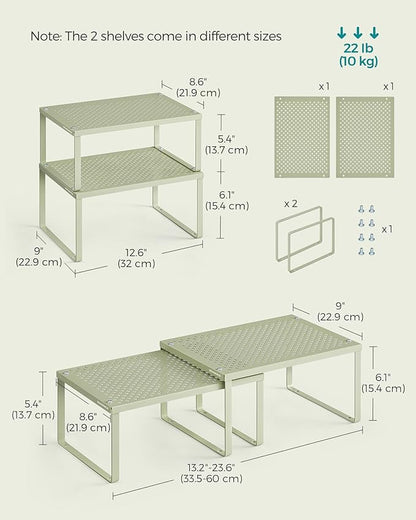 SONGMICS Spice Racks, Set of 2 Metal Cabinet Shelf Organizers, Countertop Organizers, Shelf Risers, Stackable, Expandable, Sage Green UKCS001C01