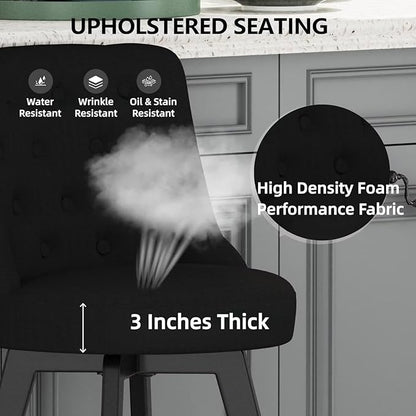 MINCETA Set of 4 Upholstered Bar Stools - 26 Inch Swivel Counter Height Stools with Low Tufted Back, Footrest & Performance Fabric - Round Seat for Kitchen Island & Home Bar Black
