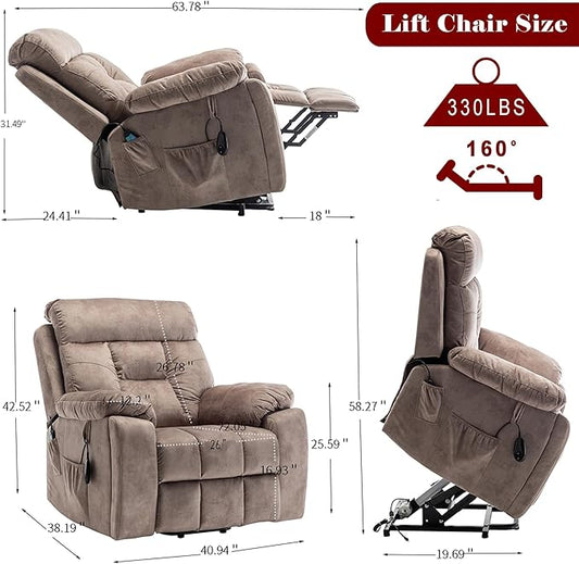 Power Lift Recliner Chair with Massage and Heating Functions,Velvet Sofa with 2 Remote Controls and Two Cup Holders,Recline up to 160 Degrees,Suitable for Living Room
