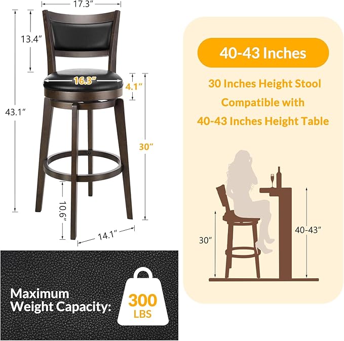 PrimeZone Swivel Bar Stools Set of 4, 30 Inch Bar Height Barstools, Black Faux Leather Bar Stool with High Backrest & Solid Wood Legs & Wrap-Around Footrest, Counter Stools for Kitchen Island, Pub