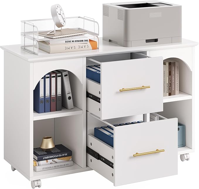 LITTLE TREE 2 Drawer Rolling File Cabinet for Home Office, 39-Inch Lateral Filing Storage Cabinet on Wheels Fits A4/Legal/Letter Size, Printer Stand with Shelves, White