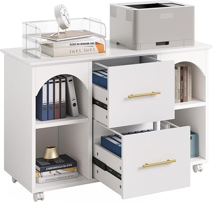 LITTLE TREE 2 Drawer Rolling File Cabinet for Home Office, 39-Inch Lateral Filing Storage Cabinet on Wheels Fits A4/Legal/Letter Size, Printer Stand with Shelves, White