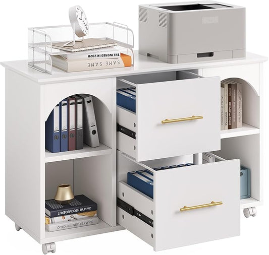 LITTLE TREE 2 Drawer Rolling File Cabinet for Home Office, 39-Inch Lateral Filing Storage Cabinet on Wheels Fits A4/Legal/Letter Size, Printer Stand with Shelves, White