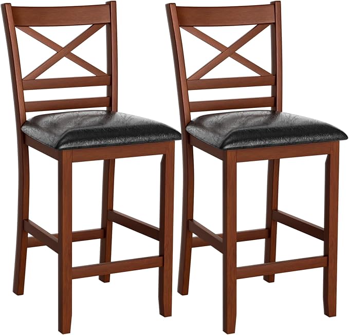 COSTWAY Barstools Set of 2, 25” Counter Height Mid Century Modern Island Chairs with Back, Soft Cushion & Faux Leather Seat, Wooden Armless Kitchen Stools for Home, Cafe Shop, Restaurant, Pub