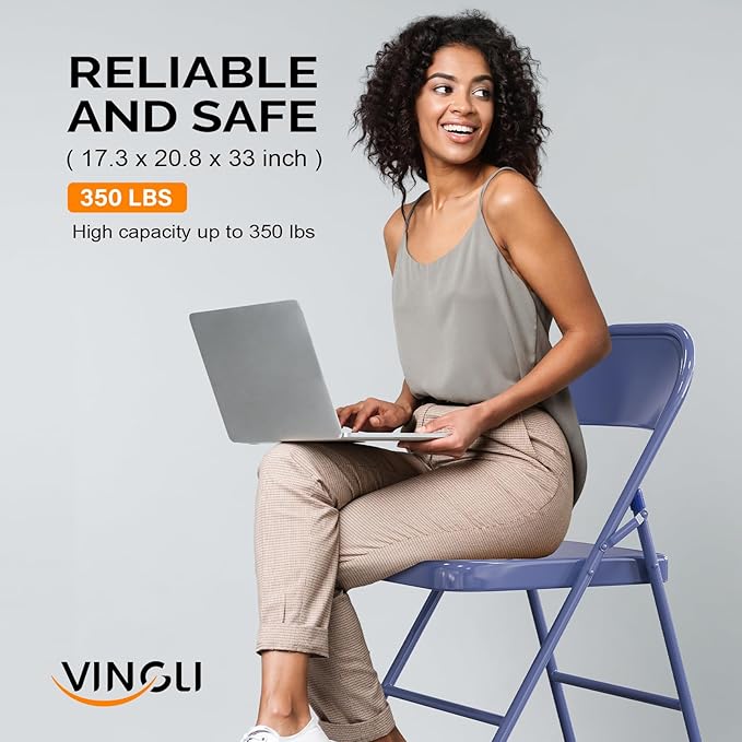 VINGLI Folding Chairs All Steel Metal Frame, Capacity 350 lbs, Durable Portable and Versatile for Indoor Outdoor Use, Darkblue, Set of 4
