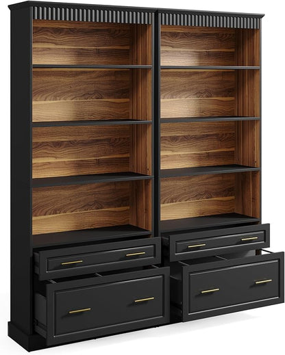 LITTLE TREE 72" Tall Black Bookcase, 5-Tier Office Bookself with File Cabinet Drawers,Modern Floor Standing Storage Filing Cabinet Book Shelf for Living Room,Bedroom(2 Piece,Black)