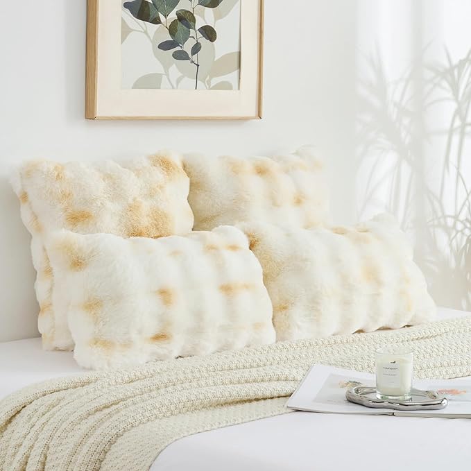 FUTEI Yellow White Decorative Throw Pillow Covers 16x16 Inch Set of 2,Soft Fuzzy Faux Rabbit Fur Cushion Covers with Raised Texture,Neutral Boho Home Decor for Couch Bed Living Room
