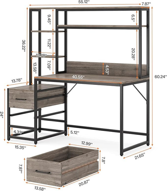 Tribesigns 55 Inch Computer Desk with 2 Drawers and Storage Shelves, Rustic Office Desk with Hutch, Study Writing Gaming Table Laptop Workstation for Home Office (Grey)