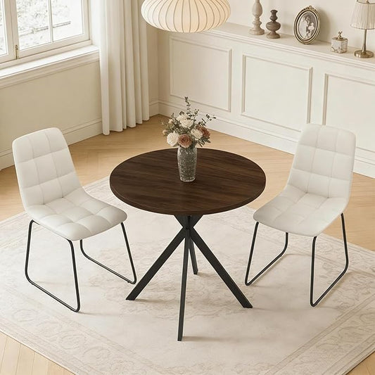 31.5" Round Dining Table Chairs Set for 2, Small Dining Table Chairs Set Space-Saving, Small Dinette Sets for 2 for Kitchen Dining Room Apartment(Walnut Table + Beige Chairs)