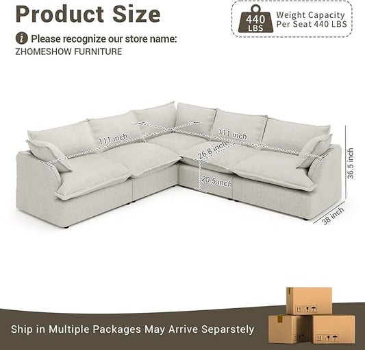 Oversized Modular Sectional Sofa, 5 Seater V Shaped Modular Couch with Washable Cover, Comfy Down Fill Cloud Couch, Light Grey
