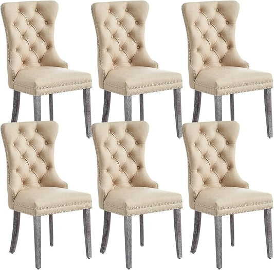 Leather Dining Chair Set of 6, Dining Room Chairs with Nailhead Ring Pull Trim, Upholstered Dining Chairs with Solid Wood Legs for Kitchen Dining Room (Beige)