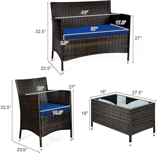 COSTWAY 4PCS Rattan Patio Furniture Set, Outdoor Wicker Rattan Chairs with Coffee Table, Rattan Cushioned Conversation Set for Backyard Balcony Porch Poolside, Navy