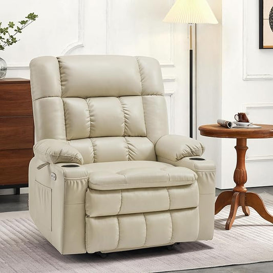 MCombo Dual Motor Power Lift Recliner Chair for Elderly, Lay Flat Lift Chair with Heat and Massage, Oversized Lift Recliner for Big and Tall, Faux Leather R7891 (Cream White, Oversized)