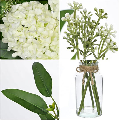 Hollyone White Hydrangea Artificial Flowers in Clear Glass Vase with Faux Water Silk Hydrangeas Fake Flowers Floral Arrangement for Home Bathroom Kitchen Office Table Centerpiece Shelf Decorations