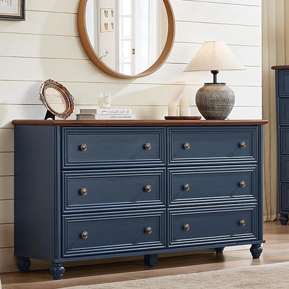 6 Drawers Dresser for Bedroom, Farmhouse 54" Wide Wood Dressers Chest of Drawers, Vintage Design TV Stand, Rustic Storage Dresser Organizer with Metal Handle Closet for Living Room, Hallway