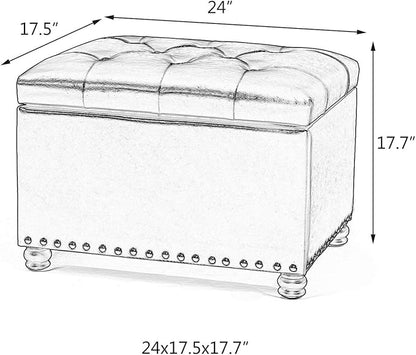 24'' Leather Storage Ottoman Rectangular Foot Rest Stool with Nailhead Trim for Bedroom Living Room(Dark Brown)