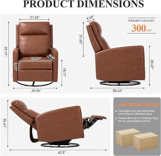 Swivel Rocking Recliner,Wide PU Leather Glider Sofa Chair with Ergonomic High Backrest for Living Room, Bedroom, Office（Cocoa）