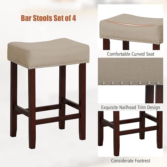 COSTWAY Counter Height Bar Stools Set of 4, 25-inch Backless Saddle Stools with Nailhead Trim, Rubber Wood Frame, Footrest, Max Load 330 Lbs, Upholstered Barstools for Kitchen Island Pub, Beige
