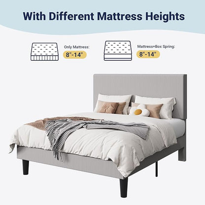 Allewie Full Size Upholstered Bed Frame with Vertical Channel Tufted Headboard, Soft Corduroy Fabric Platform Bed, Strong Wooden Slats Support, Easy Assembly, No Box Spring Needed, Light Grey