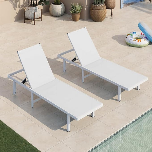 Pool Lounge Chairs, Chaise Lounge Outdoor with Wheels and 5-Position Recliner -Easy to Move- Aluminum Patio Lounge Chair for Poolside, Deck (White)