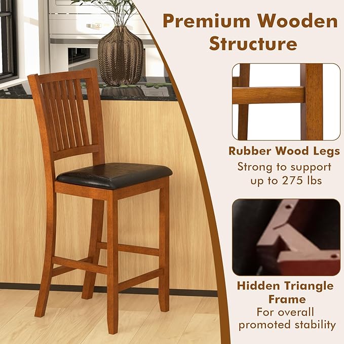 COSTWAY Bar Stools Set of 2, 25.5” Counter Height Bar Stool with Backrest, Padded Seat, Footrest & Rubber Wood Frame, for Kitchen Island, Pub & Restaurant (2)