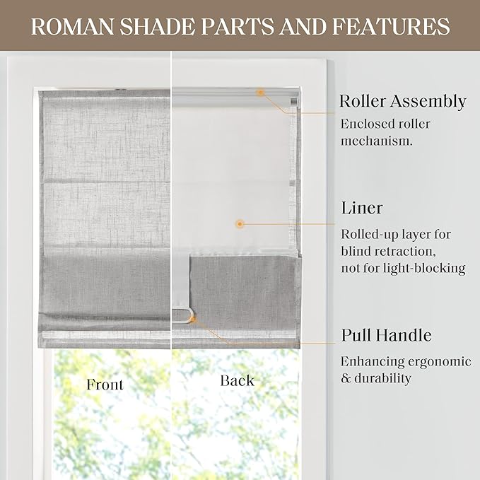 Madison Park Kyler Cordless Roman Shades - Single Panel, Lightweight Linen Blend Fabric, Natural Design, Easy Installation, Light Filtering Window Blind, Bedroom, Living Room Decor 31" W x 64" H Grey