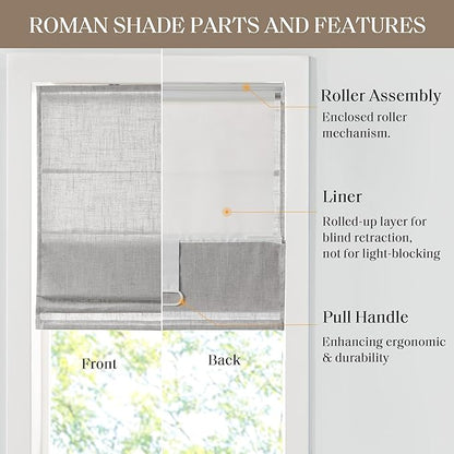 Madison Park Kyler Cordless Roman Shades - Single Panel, Lightweight Linen Blend Fabric, Natural Design, Easy Installation, Light Filtering Window Blind, Bedroom, Living Room Decor 31" W x 64" H Grey