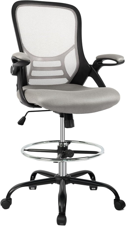 HYLONE Drafting Chair, Tall Office Chair Standing Desk Chair Grey Mesh High-Back Drafting Stool with Flip-Up Arms, Adjustable Foot Ring
