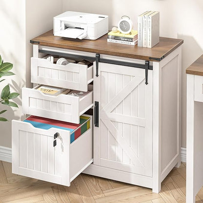 Vabches Lateral File Cabinets with Adjustable Shelf, Farmhouse Filing Cabinet with Lock for Home Office, Filing Organization Storage Cabinets with Sliding Barn Door for Hanging Files Letter/A4.(White)