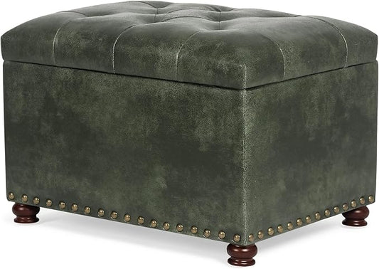 Joveco Storage Ottoman Rectangular Tufted Upholstered Ottomans with Rivet, Footrest Footstool Seat with Wood Legs for Living Room Bedroom (Black Green)