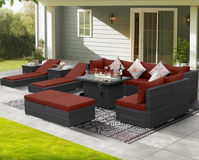 NICESOUL 13 Piece Wicker Patio Set with Chaise Lounge, XL Size 10-Seaters Outdoor Sectional Furniture with Long Firepit Suitable for Natural Gas/Propane, All Weather Heavy Duty Outside Sofas, Grey&Red