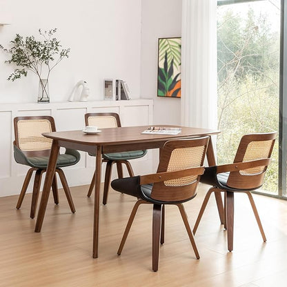 Set of 1 Swivel Rattan Dining Chair - Mid Century Modern Dining Chair with Bentwood Frame, Ergonomic Cane Back, Curved Arms, Faux Leather Swivel Chair for Kitchen/Restaurant (Walnut Brown, Set of 1)