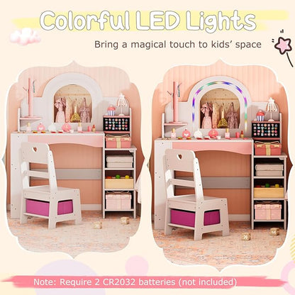 Costzon Kids Vanity, Girls Vanity Set with Lighted Mirror, Bookshelf, Jewelry Storage, Toddler Makeup Vanity Desk Dressing Table, Wooden Kids Vanity Table and Chair Set (White)