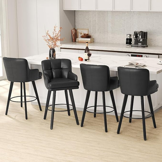 360°Swivel Counter Height Bar Stools with Back, 30 inch Solid Wood Legs, Bar Stool Modern Kitchen Island Chairs, Faux Leather (Black- Faux Leather, 30" H- Set of 4)