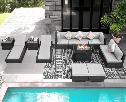 NICESOUL 13 Piece Backyard Furniture Set with Firepit Table, Wicker Woven Gray Patio Couch Set with Chaise Lounge for 10-People Seating, Modular Comfy 29.3" Highback Sectional Sofas for Outside Patio