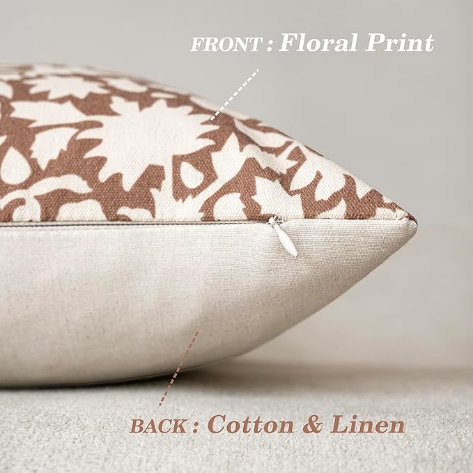Foindtower Set of 2 Decorative Neutral Floral Throw Pillow Covers Accent Farmhouse Cushion Covers Boho Pillowcase for Couch Sofa Bedroom Living Room Home Decor,18×18 Inch,Light Orange Brown
