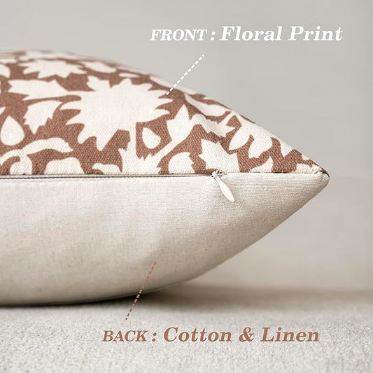 Foindtower Set of 2 Decorative Neutral Floral Throw Pillow Covers Accent Farmhouse Cushion Covers Boho Pillowcase for Couch Sofa Bedroom Living Room Home Decor,22×22 Inch,Light Orange Brown