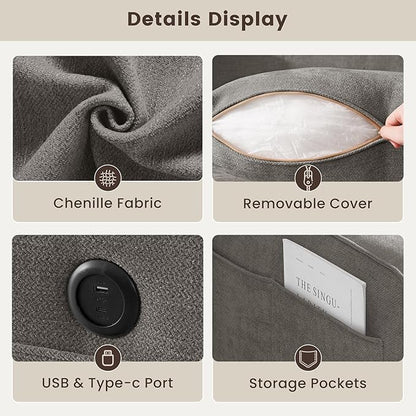 PARKOL 99" L-Shaped Sectional Couch with Storage, Sofa with Reversible Chaise, USB Type-C Charging, Chenille Fabric, Removable Cushion Covers, for Small Space, Apartment, Living Room, Light Gray