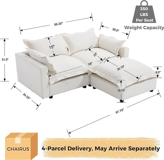chairus 68" Love Seat Sofa with Ottoman Upholstered Linen Deep Seat Couch with Pillow Modular Oversized Couch Sleeper for Living Room, Bedroom, Reception Room, Apartment, 2-Seater/White
