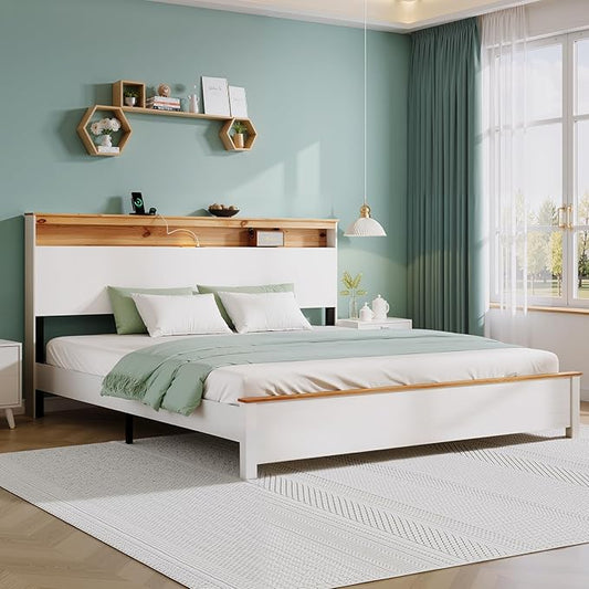 King Bed Frame, Wood Platform Bed Frame with Storage Headboard, Charging Station, Modern Bedframe King Size, 800lbs Capacity, Metal Slat Support, Noise-Free, No Box Spring Needed, White
